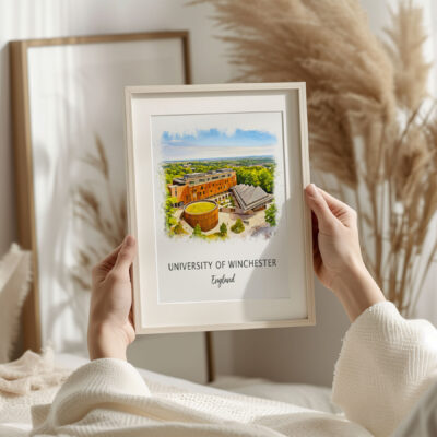 Framed University of Winchester print in cozy setting.