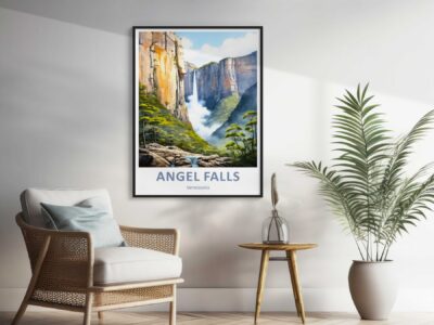 Interior decor with Angel Falls poster and chair.