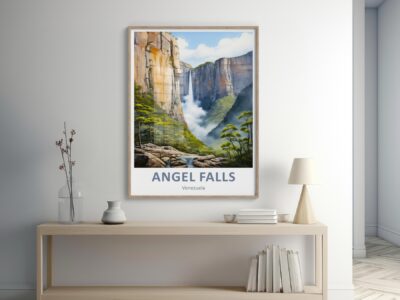 Room decor featuring Angel Falls poster on wall.