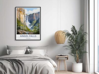 Bedroom with Angel Falls poster on wall.