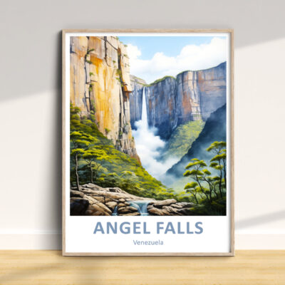 Framed Angel Falls poster on a wall.