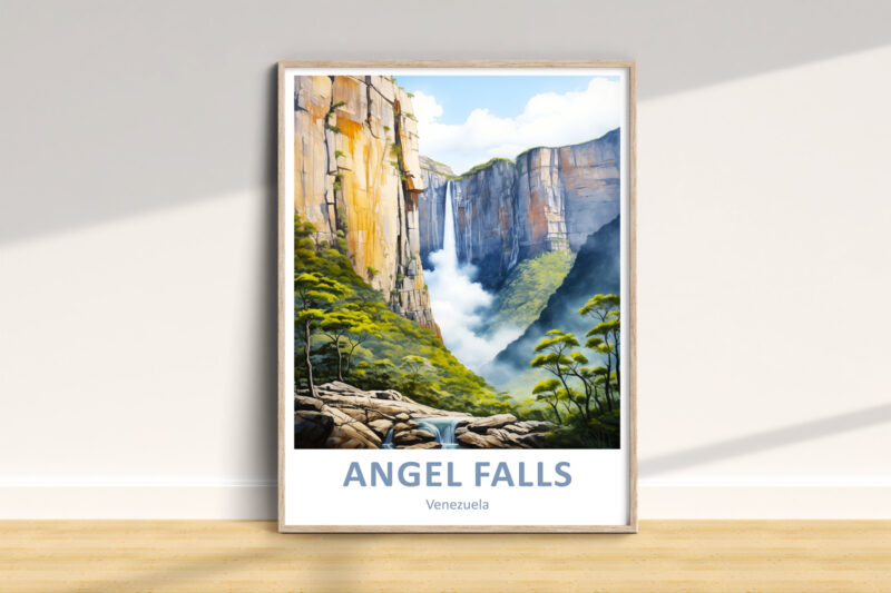 Framed Angel Falls poster on a wall.