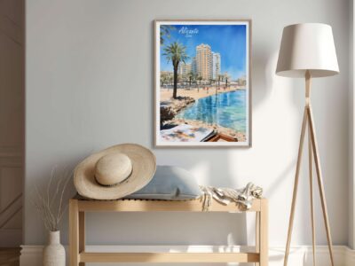 Framed Alicante beach painting with decor elements.