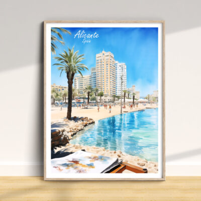 Alicante Spain beach painting with palm trees.