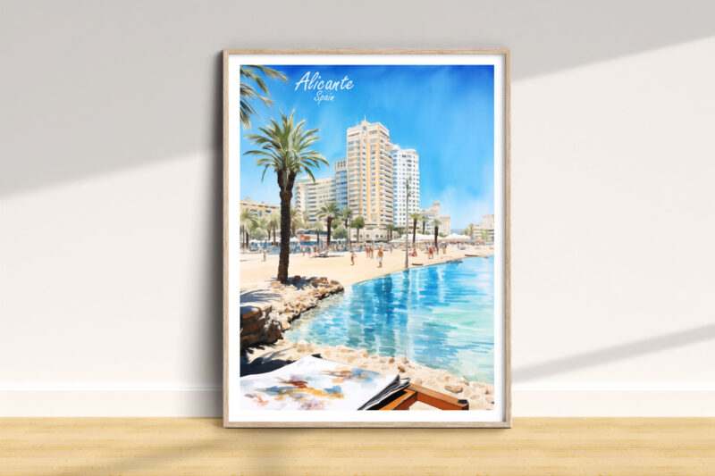 Alicante Spain beach painting with palm trees.