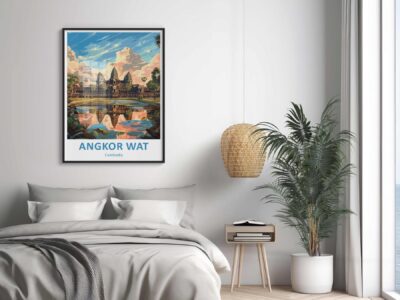 Angkor Wat poster above modern bedroom decor.