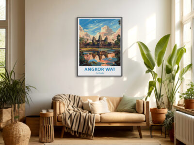 Living room with Angkor Wat poster on wall.