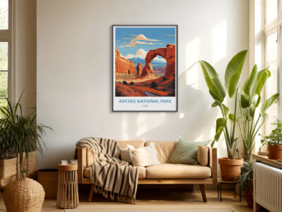 Cozy living room with Arches National Park poster.