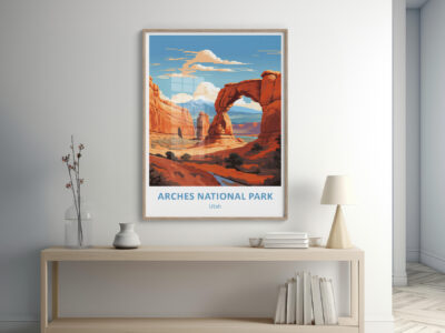 Arches National Park poster on wall in room.