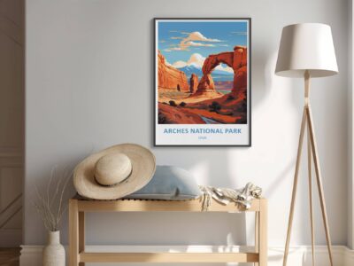 Room with Arches National Park poster on wall.