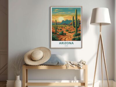 Arizona desert poster on wall near lamp.