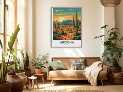 Cozy living room with Arizona landscape poster.
