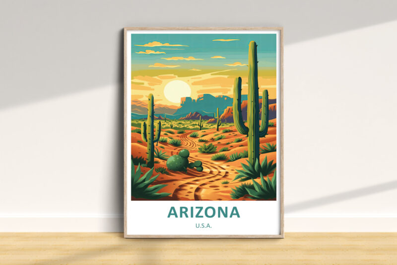 Arizona desert landscape with cacti and mountains.