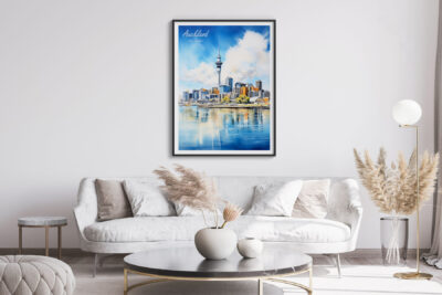 Elegant living room with cityscape artwork.
