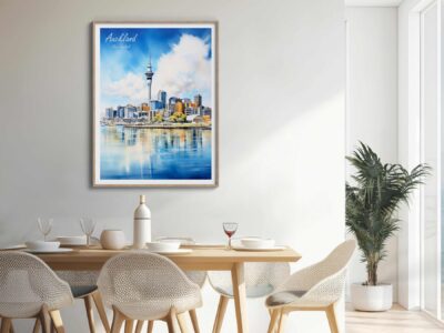 Dining room with Auckland New Zealand skyline poster.