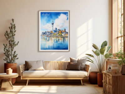 Cozy living room with Auckland poster and plants.