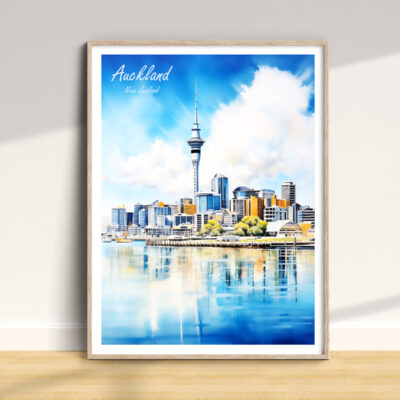 Auckland skyline poster with Sky Tower reflection