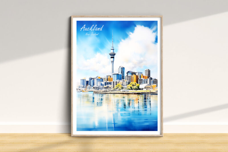 Auckland skyline poster with Sky Tower reflection