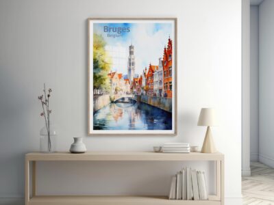Framed Bruges watercolor of canal and buildings