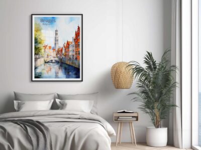 Bruges watercolor in minimalist bedroom decor.