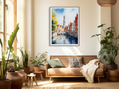 Cozy living room with Bruges art and plants.