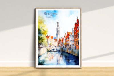Bruges Belgium watercolor painting in frame
