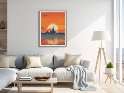 Modern living room with Bangkok travel poster.
