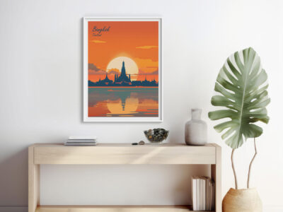 Bangkok sunset poster on minimalist table.