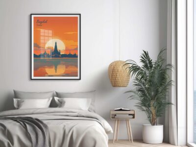 Modern bedroom with Bangkok skyline poster