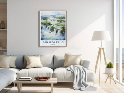 Modern living room with Ban Gioc Falls poster.