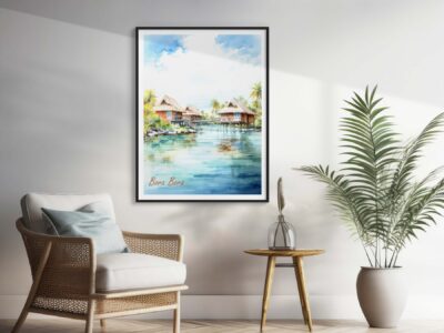 Bora Bora painting in cozy modern living room.