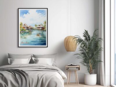 Bedroom with Bora Bora artwork and potted plant.
