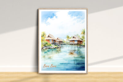 Framed painting of Bora Bora huts over water.