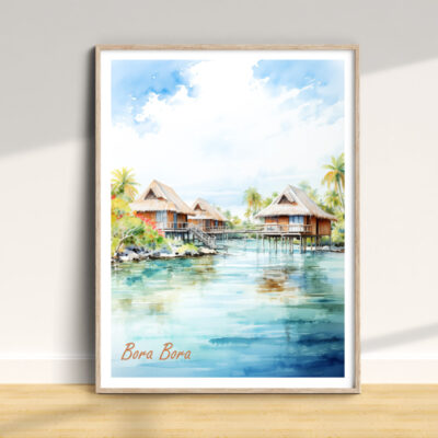 Framed painting of Bora Bora huts over water.