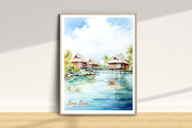 Framed painting of Bora Bora huts over water.