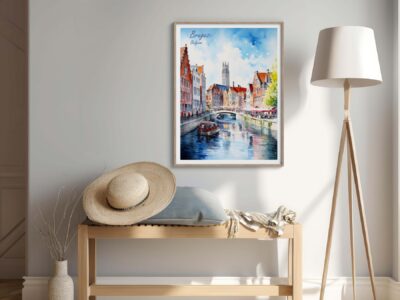 Room with Bruges painting, straw hat, wooden bench.