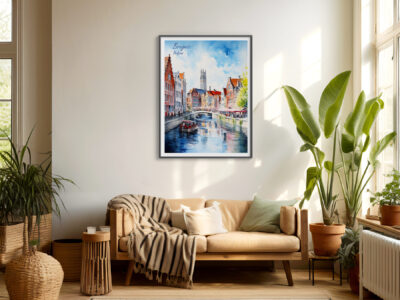 Cozy living room with framed Bruges wall art.