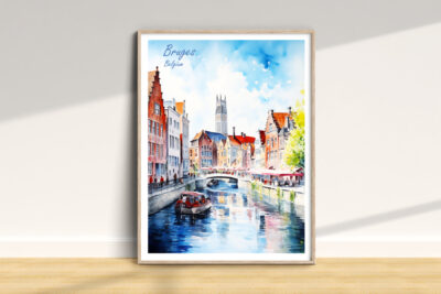 Watercolor painting of Bruges, Belgium canal scene.