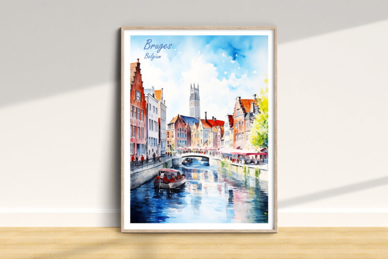 Watercolor painting of Bruges, Belgium canal scene.