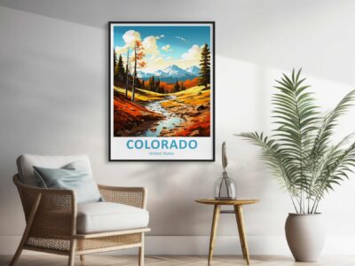 Mountain landscape art poster on wall display.
