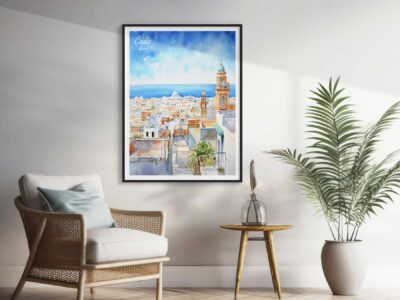 Living room with Cádiz cityscape painting.