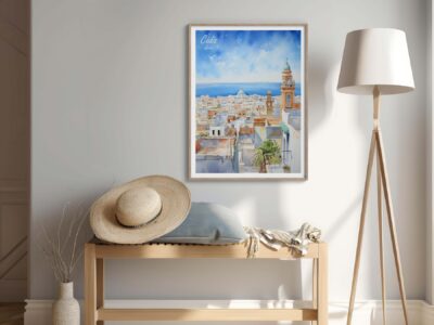 Cozy room with framed cityscape art and decor.