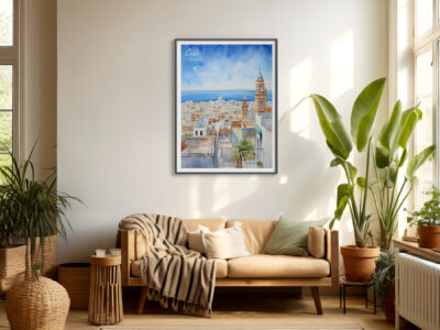 Cozy living room with green plants and wall art.