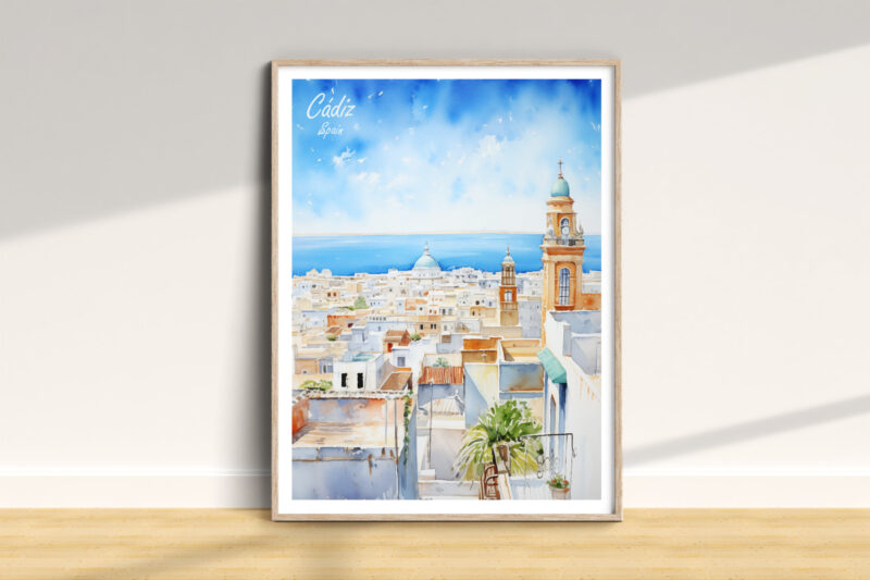 Painting of Cádiz cityscape with blue sky.