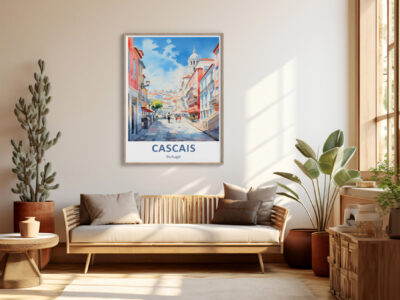 Modern living room with Cascais poster on wall.