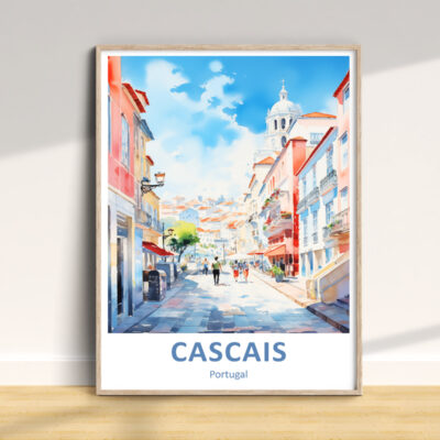 Framed watercolor of Cascais street scene.
