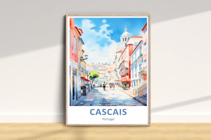 Framed watercolor of Cascais street scene.