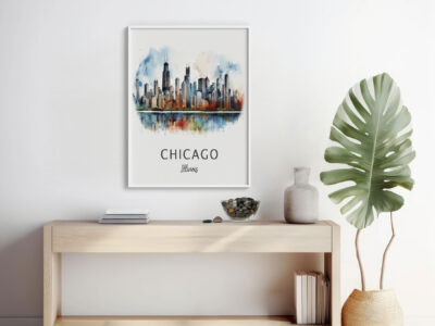 Chicago skyline watercolor art on minimalist shelf.