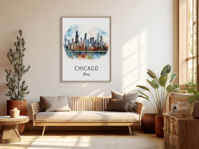 Minimalist room with Chicago skyline artwork.