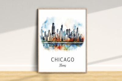 Chicago skyline watercolor art in a frame.